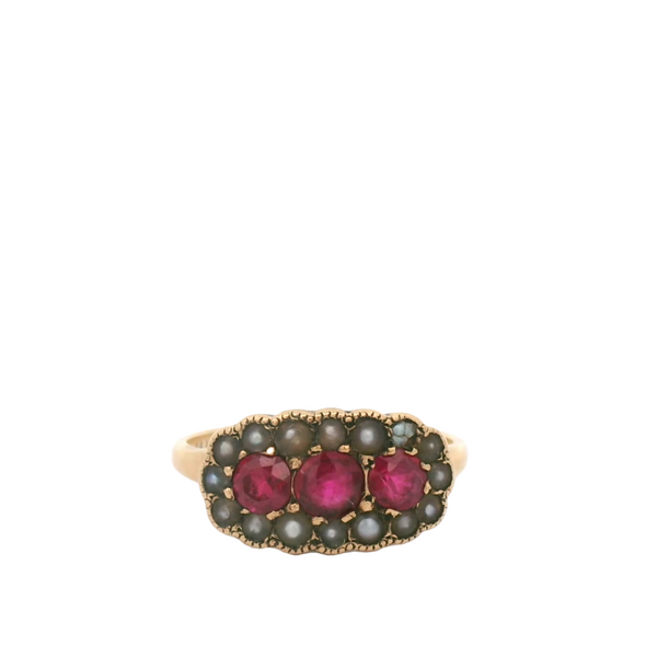 Vintage 14 Karat yellow gold ruby and pearl ring