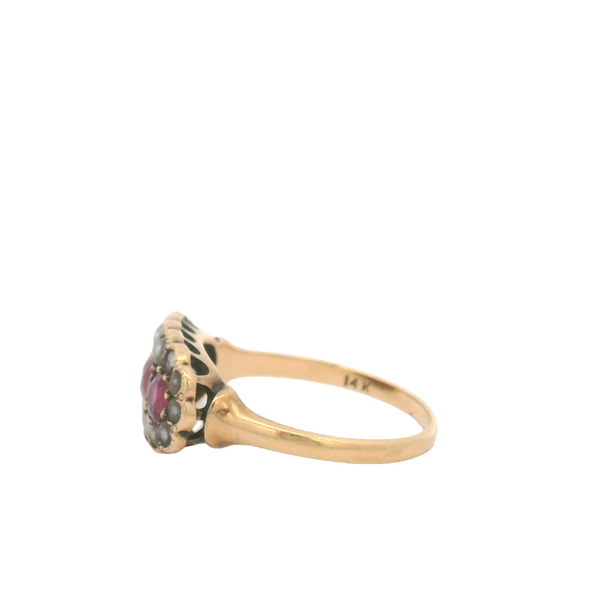 Vintage 14 Karat yellow gold ruby and pearl ring