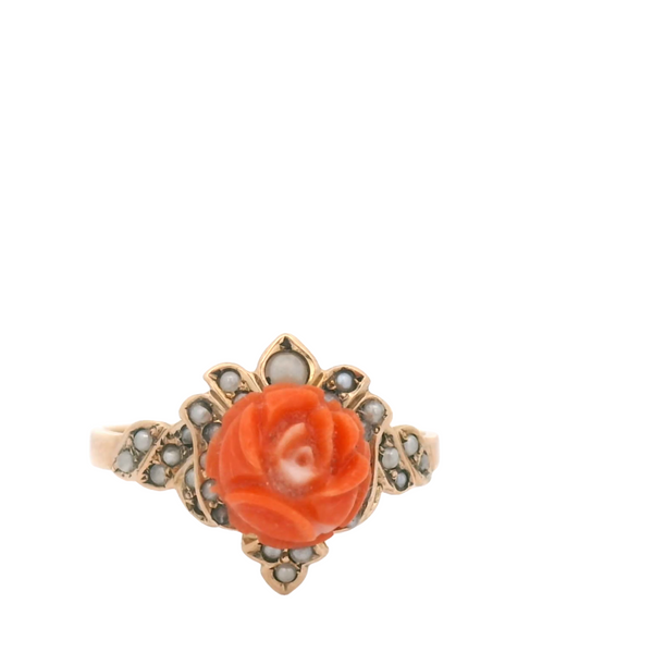 Vintage 14 Karat gold coral flower ring with seed pearls