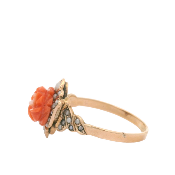 Vintage 14 Karat gold coral flower ring with seed pearls
