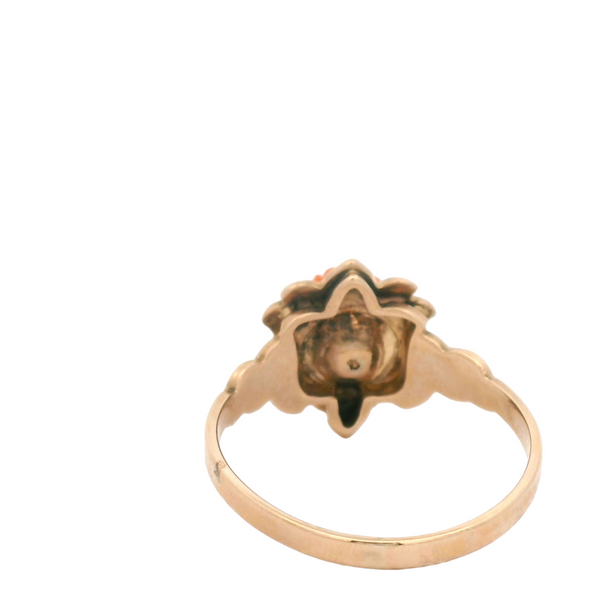 Vintage 14 Karat gold coral flower ring with seed pearls