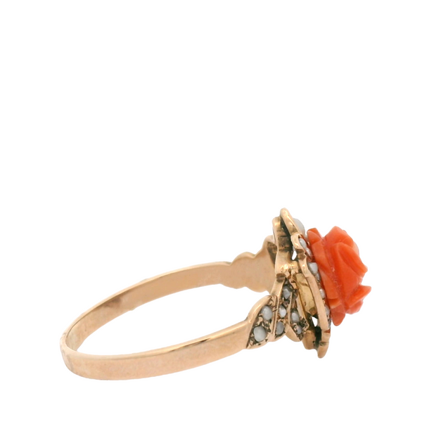 Vintage 14 Karat gold coral flower ring with seed pearls