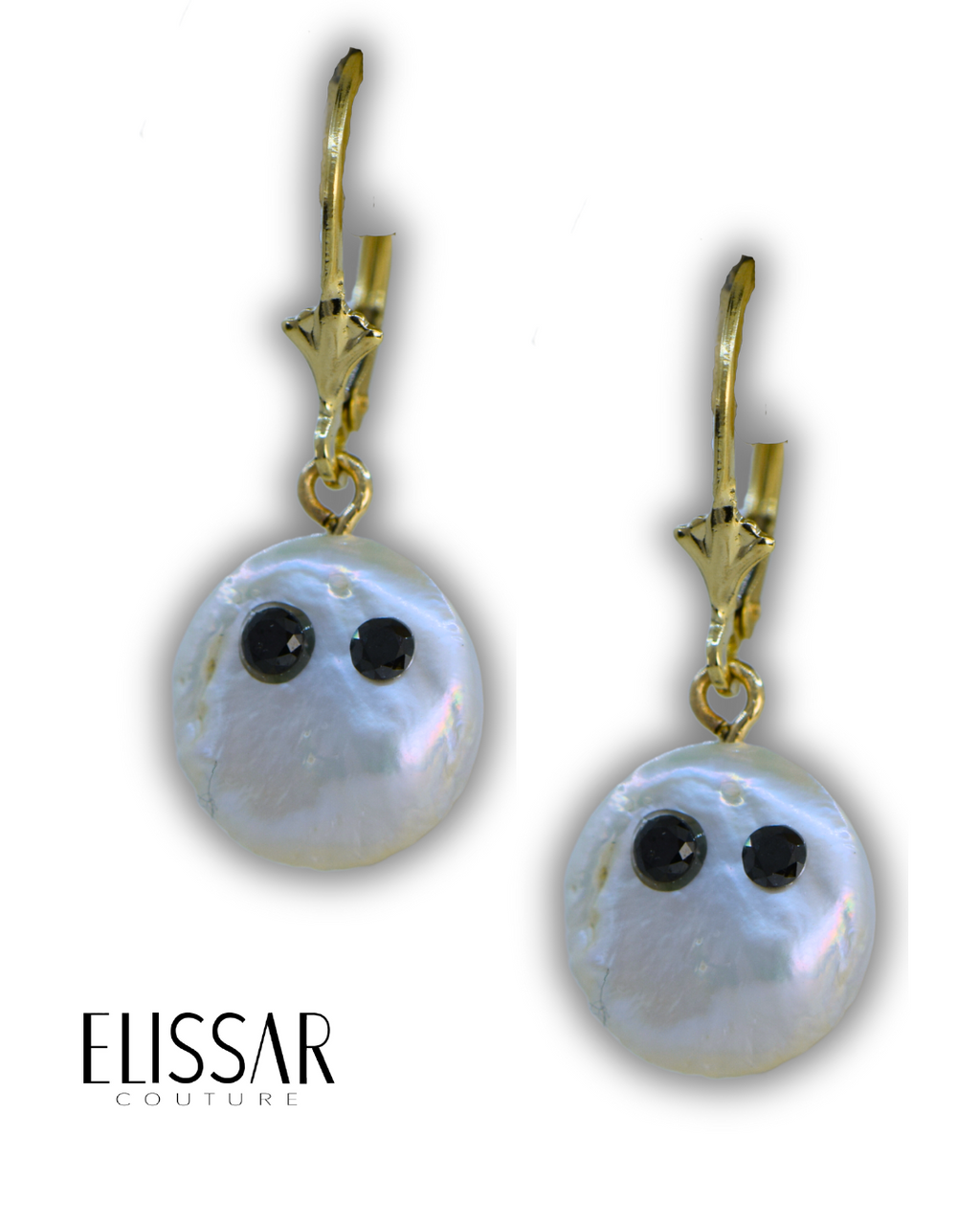 Ghost earrings, 14K solid gold baroque south sea pearl with diamond eyes
