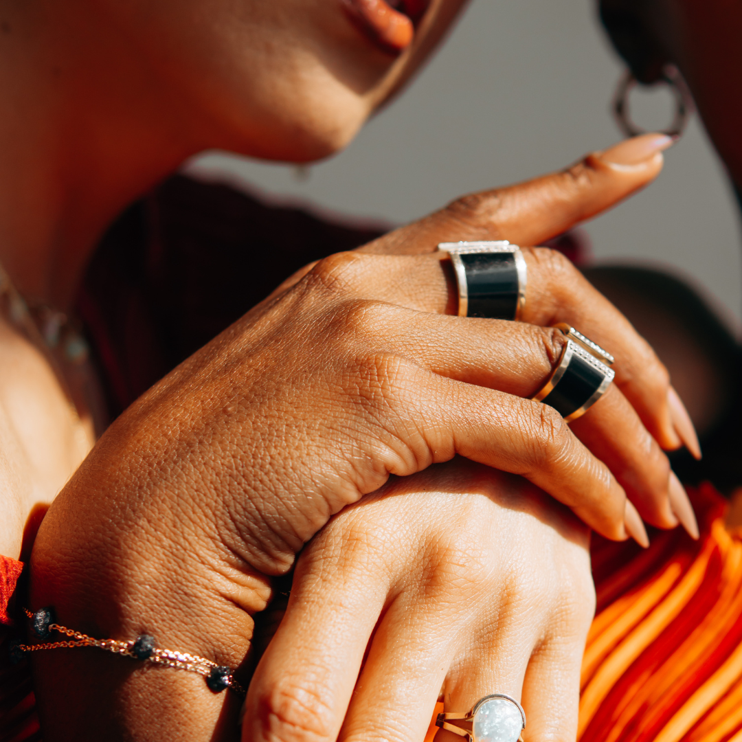 Black jade and diamond balance ring