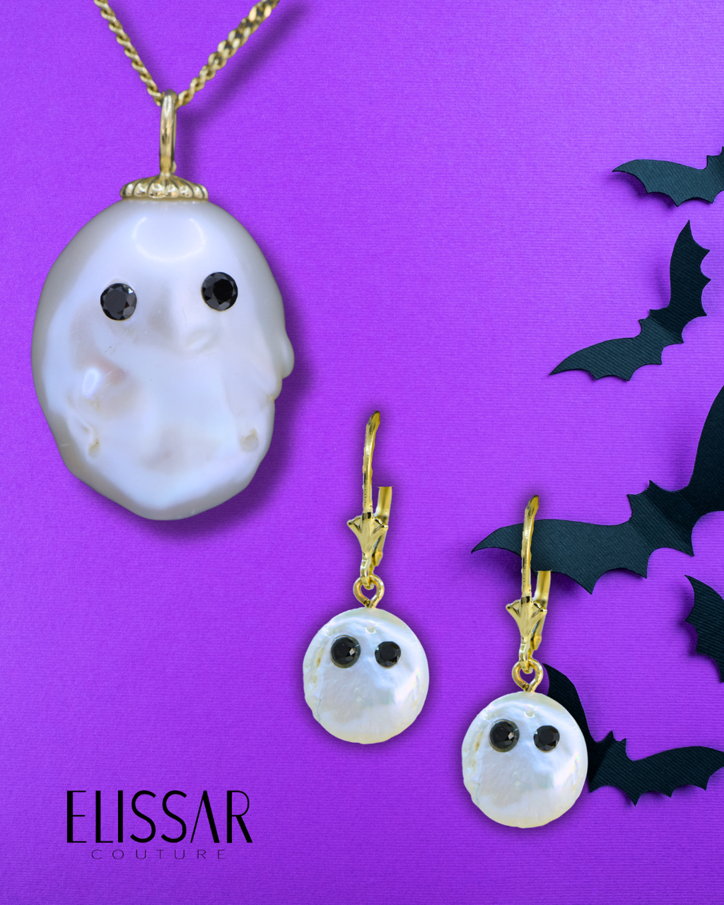 Ghost earrings, 14K solid gold baroque south sea pearl with diamond eyes