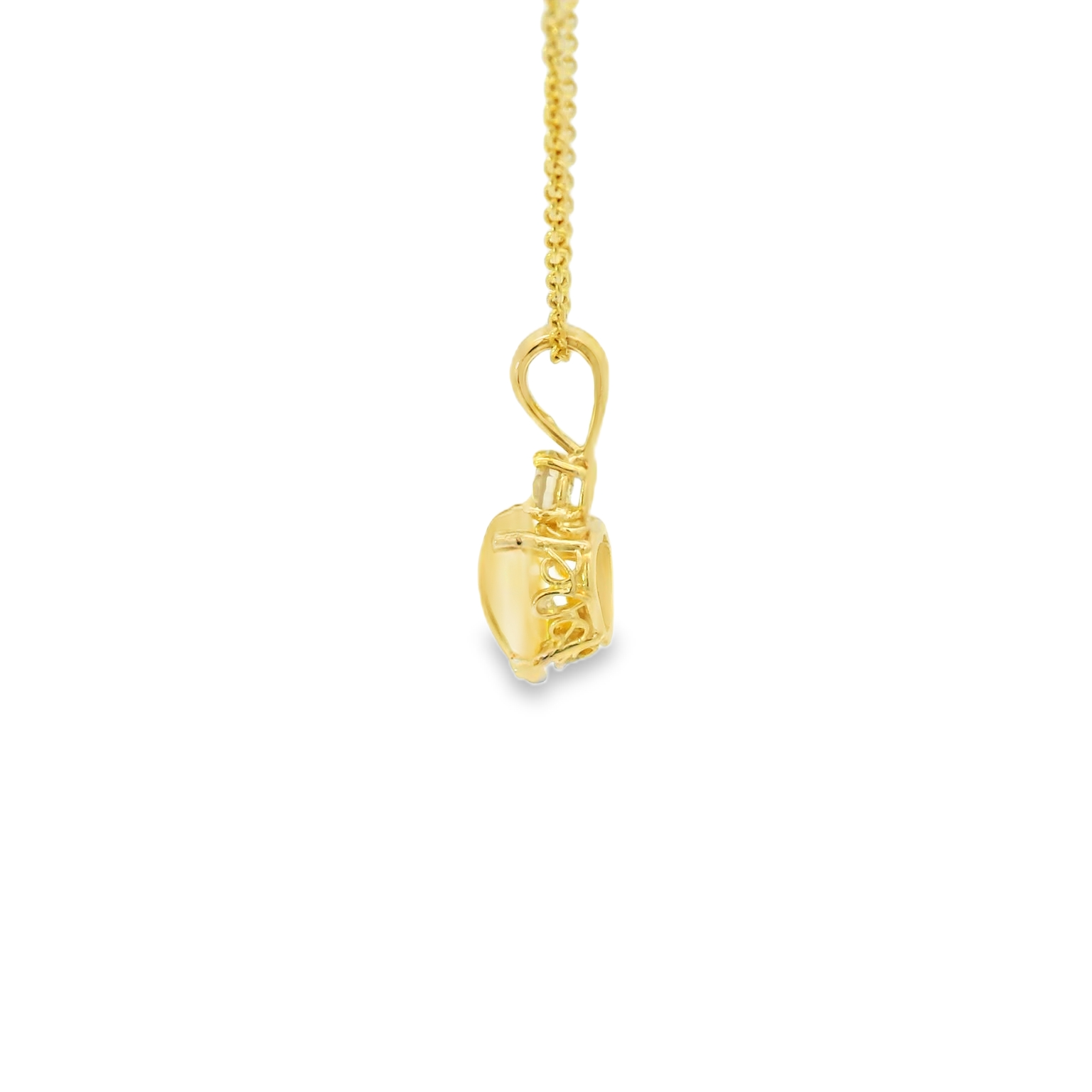 Gold necklace with a opal gemstone pendant and diamond on a white background