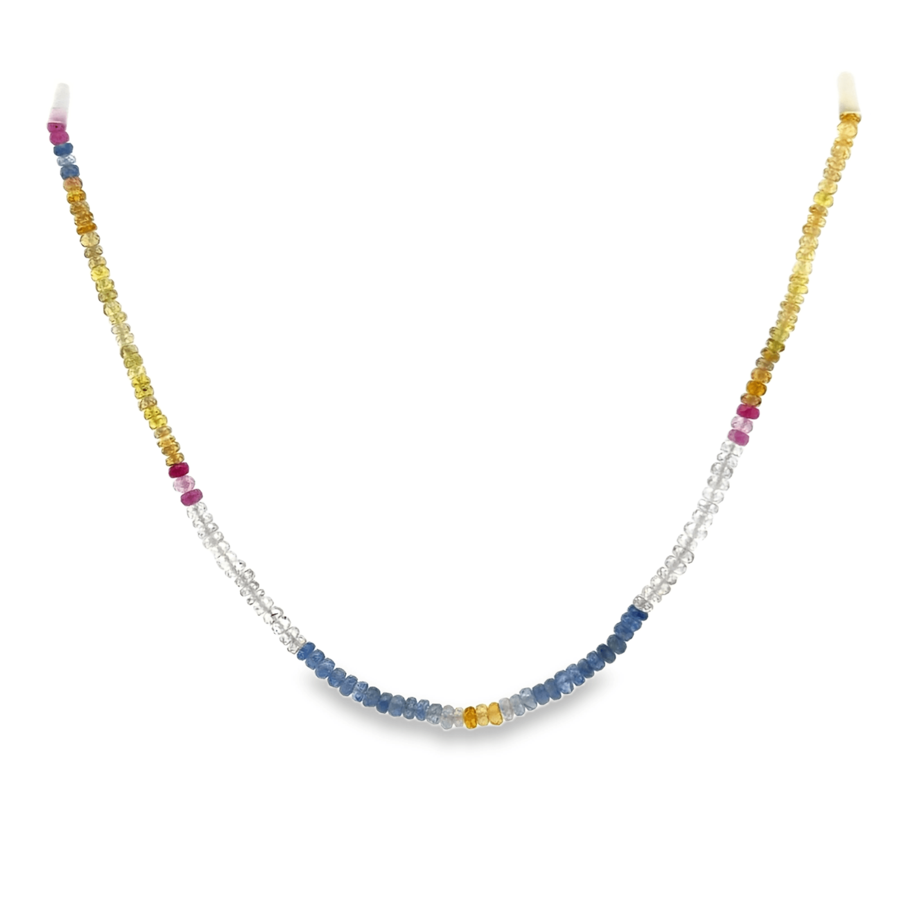 Necklace with multicolored sapphire eads on a white background