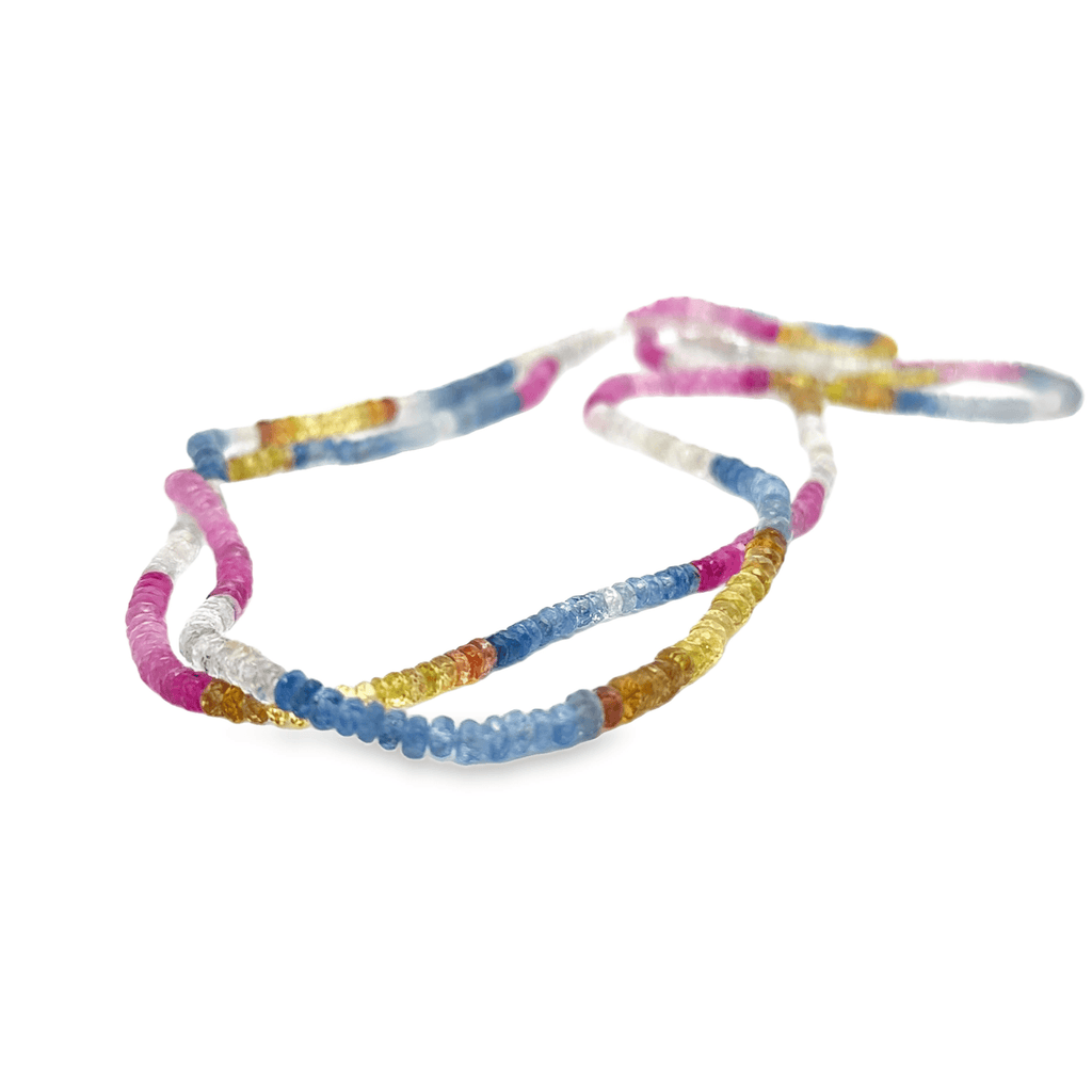 Colorful beaded sapphire necklace on a white background