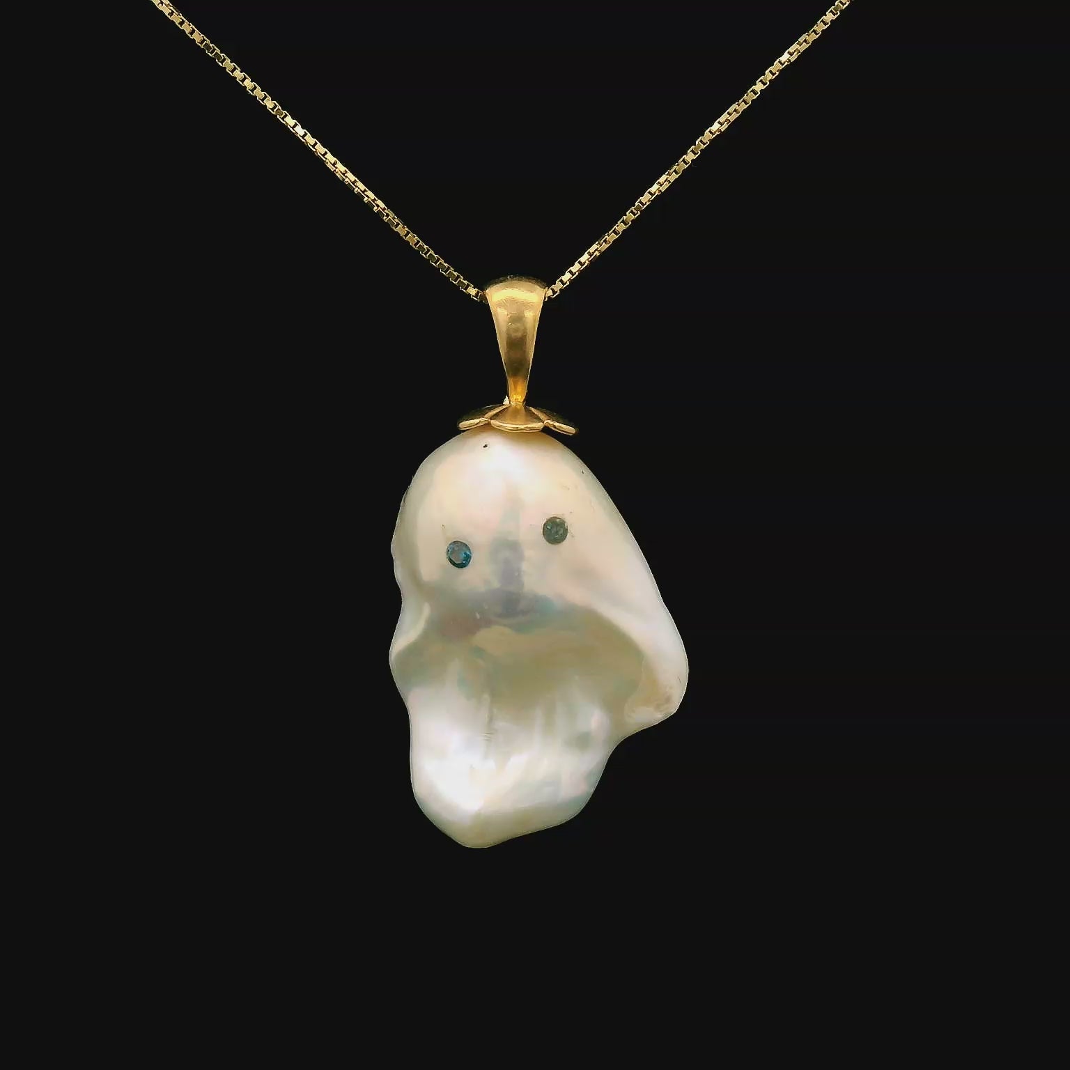 Ghost pendant, 14K solid gold baroque south sea pearl  with a chain
