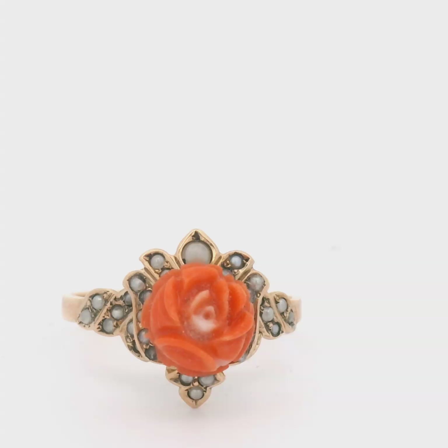 Vintage 14 Karat gold coral flower ring with seed pearls